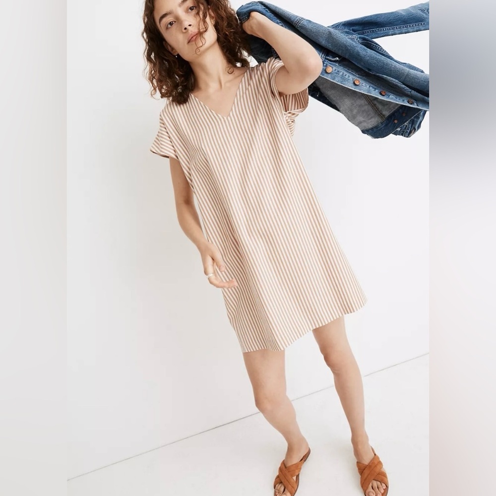 Madewell XXS Tan Lightweight Striped Button-Back Easy Dress